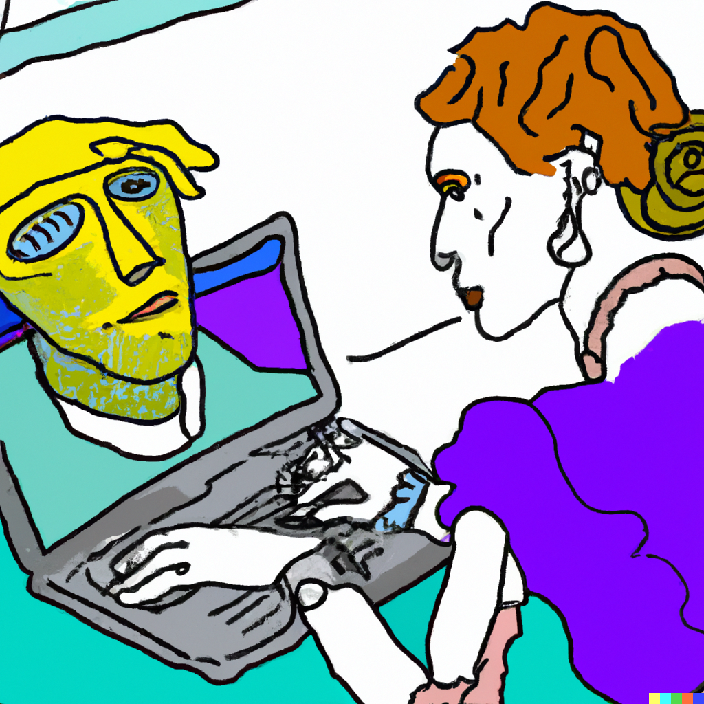 Van Gogh Style impression of programmer with laptop and AI Robot